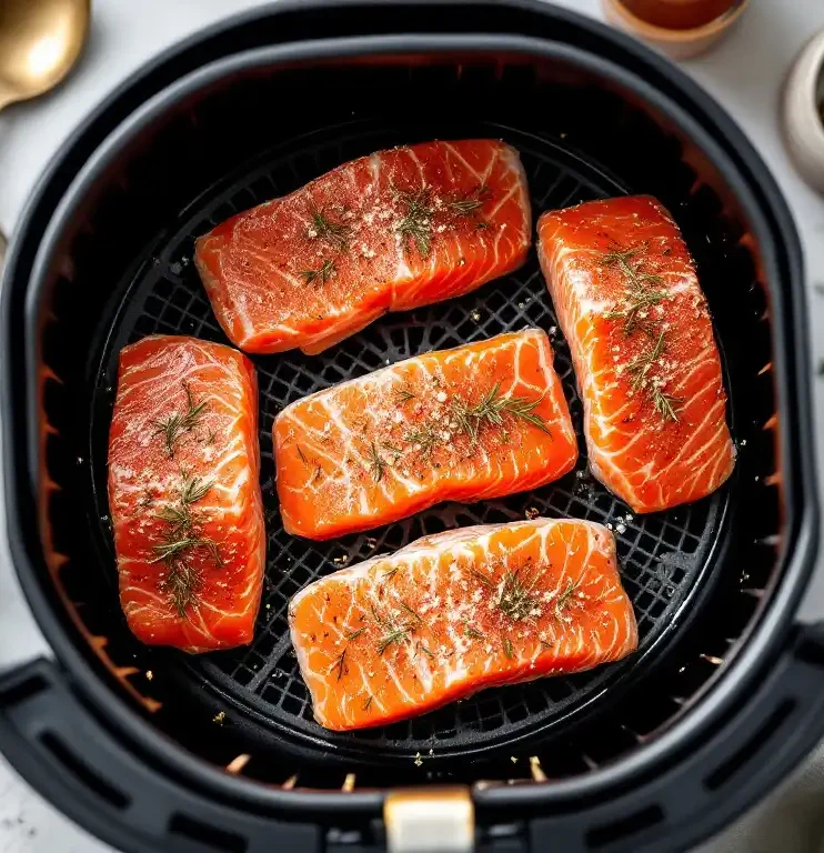 Seasoned frozen salmon in air fryer
