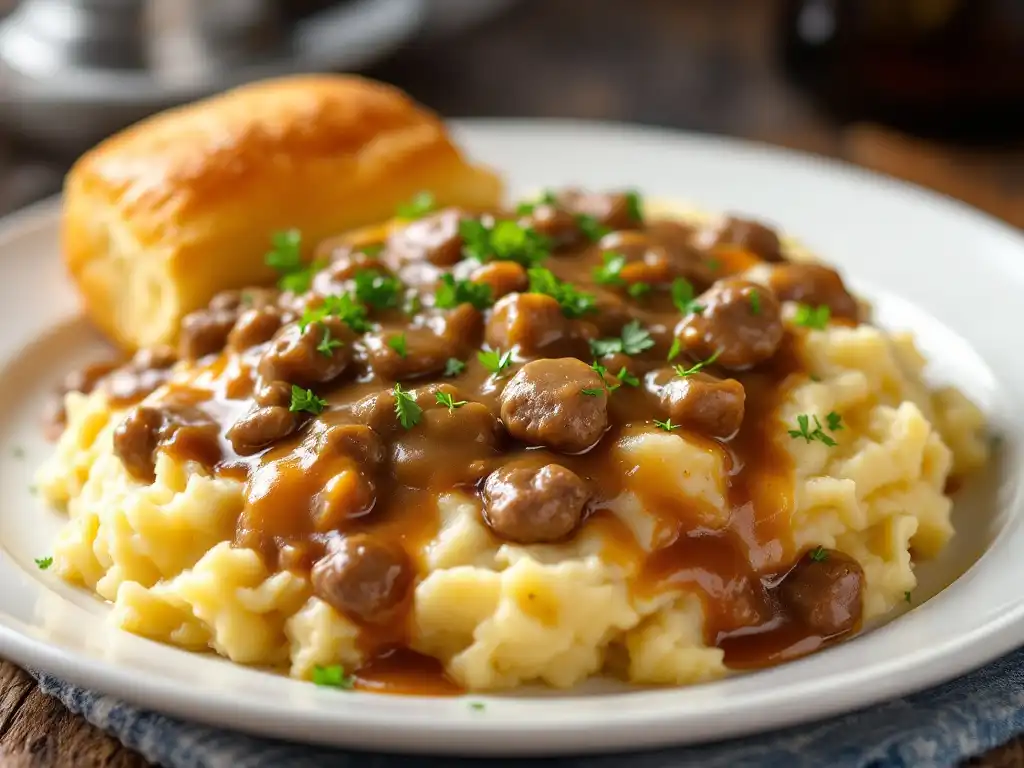 Creamy hamburger gravy recipe served over fluffy mashed potatoes with fresh parsley garnish.