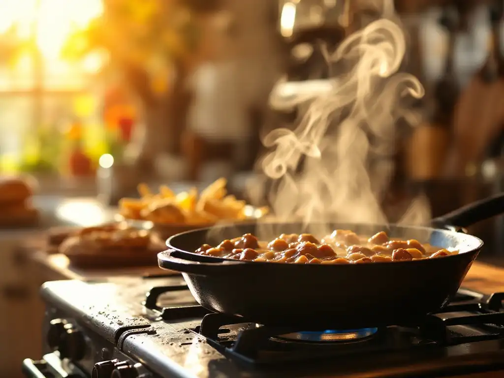 Close-up of a thick, savory hamburger gravy recipe simmering in a skillet.